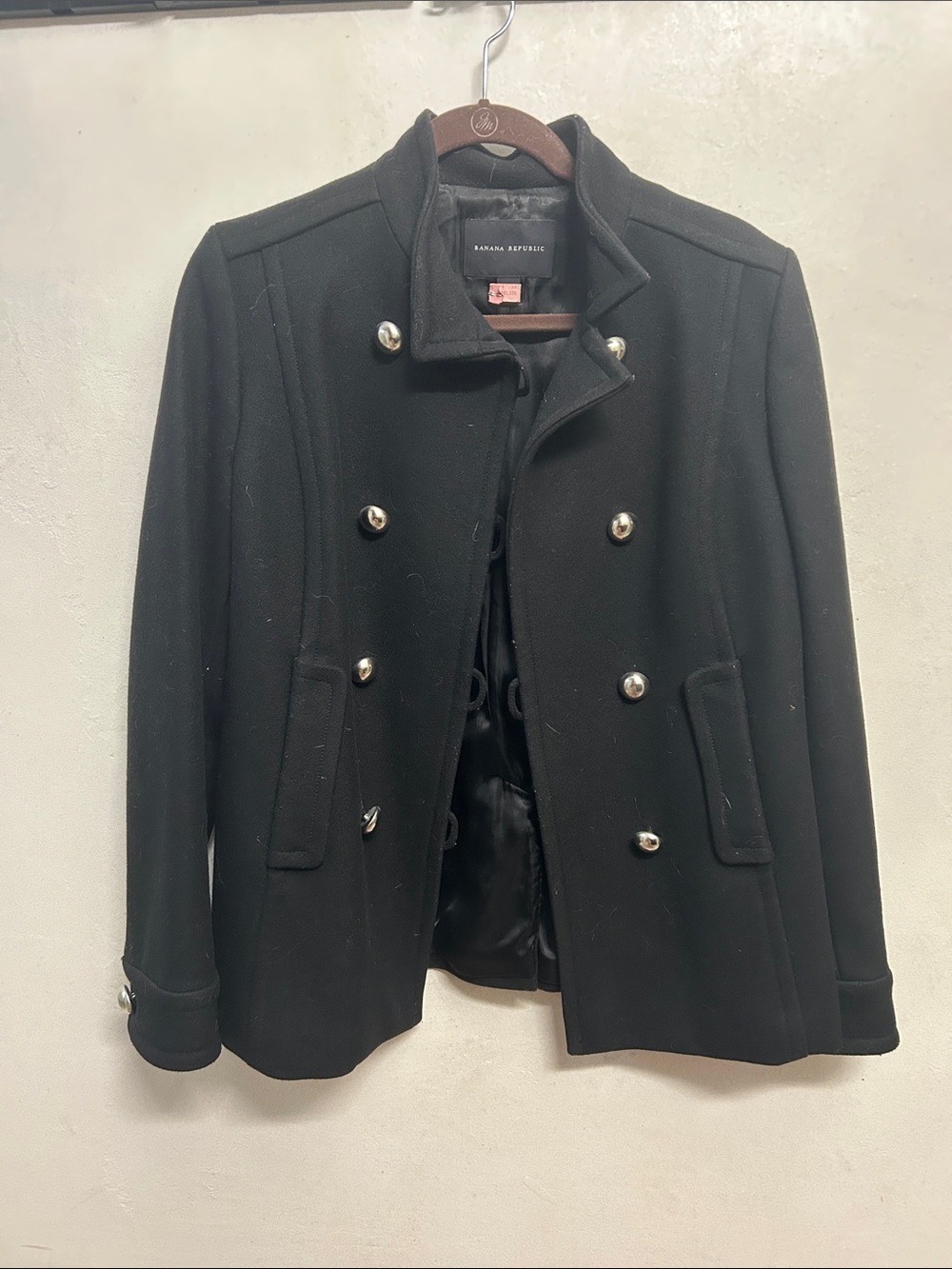 Banana Republic women's Black Double-Breasted Pea Coat with Silver Buttons